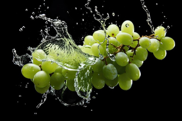 Racimo de uvas frescas verdes que caen al agua frente a un fondo negro registro de fotografía de alta velocidad