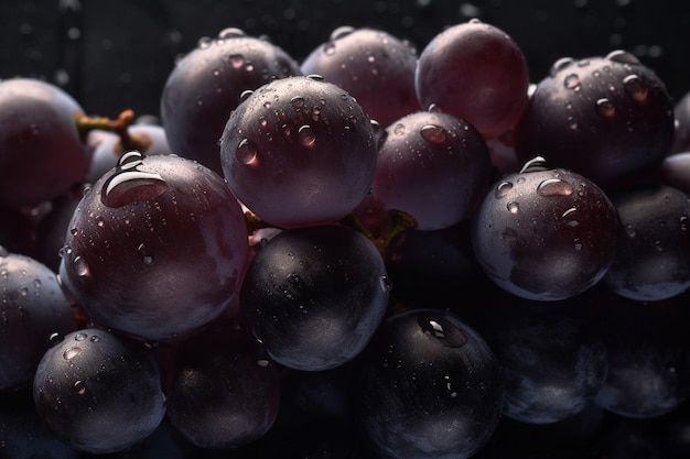 Un racimo de uvas con gotas de agua sobre ellas