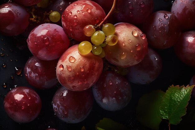 Un racimo de uvas con gotas de agua sobre ellas