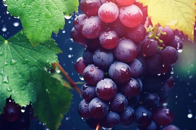 Un racimo de uvas con gotas de agua sobre ellas