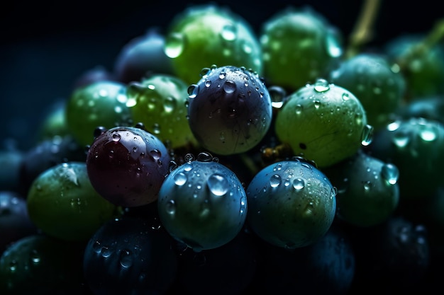 Un racimo de uvas con gotas de agua