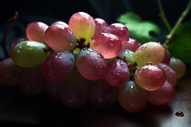 Un racimo de uvas con gotas de lluvia sobre ellas