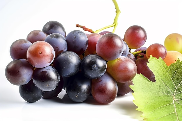 Un racimo de uvas con una hoja a un lado.