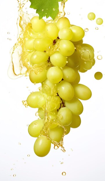 Racimo de uvas mezcladas con vino blanco sobre fondo blanco.