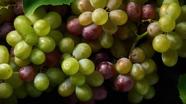 Un racimo de uvas se muestra en un cuarto oscuro.