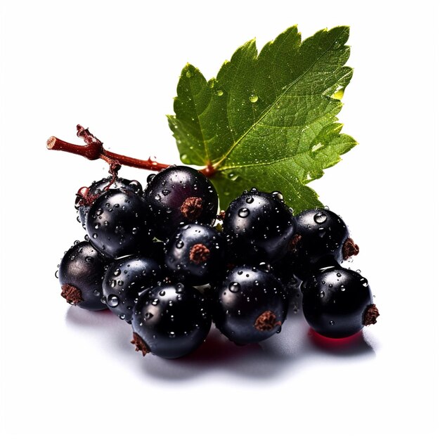 Un racimo de uvas negras con una hoja