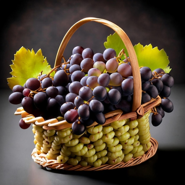 Racimo de uvas negras y uvas en una cesta de mimbre aislada