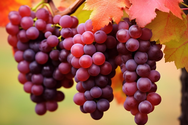 Un racimo de uvas rojas creciendo en un viñedo