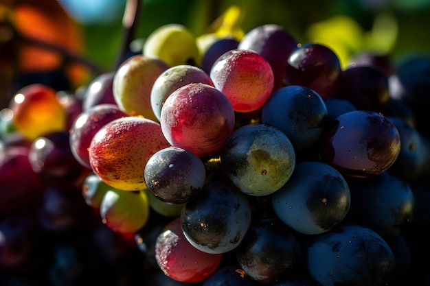 Un racimo de uvas con el sol brillando sobre ellas