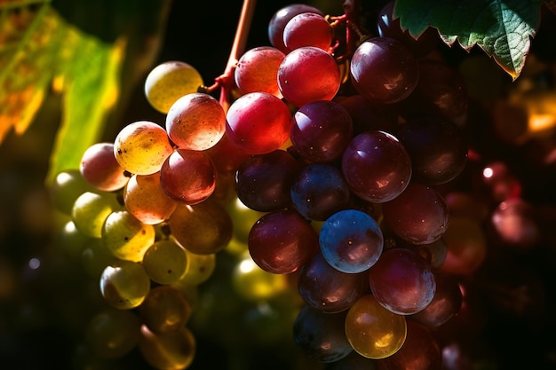 Un racimo de uvas con el sol brillando sobre ellas