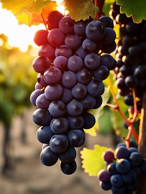 Un racimo de uvas con el sol brillando a través de las hojas.