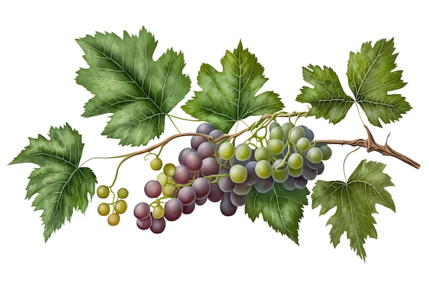 Racimo de uvas de uvas verdes y oscuras aislado en una ilustración de fondo blanco Rama de uva larga