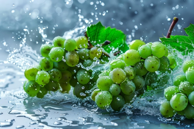Un racimo de uvas verdes frescas con gotas de agua y hojas vívidas sobre un fondo brumoso