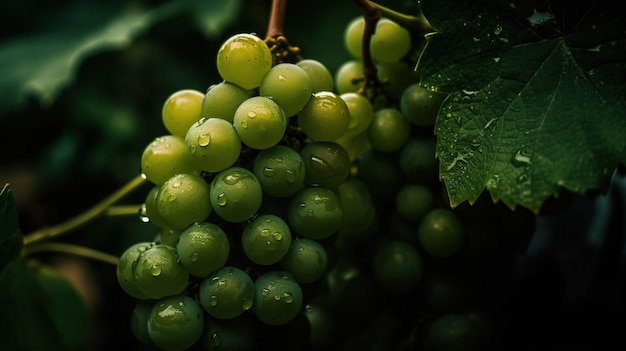 Foto un racimo de uvas verdes con gotas de lluvia sobre ellas