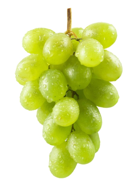 Un racimo de uvas verdes maduras sobre un fondo blanco.