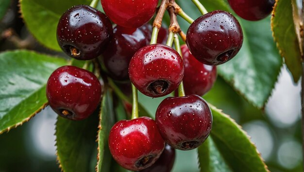 Los racimos de cerezas suculentas maduras cuelgan tentadoramente