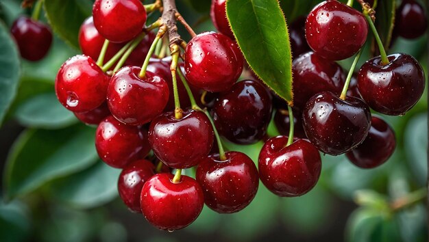 Los racimos de cerezas suculentas maduras cuelgan tentadoramente