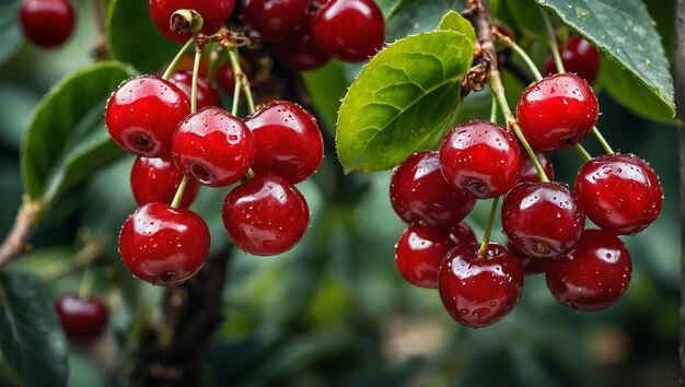 Los racimos de cerezas suculentas maduras cuelgan tentadoramente