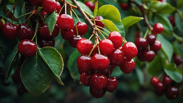 Foto los racimos de cerezas suculentas maduras cuelgan tentadoramente