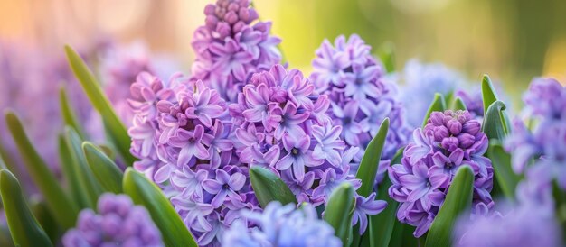 Los racimos de coloridas flores de jacinto púrpura florecen en un jardín holandés en primavera