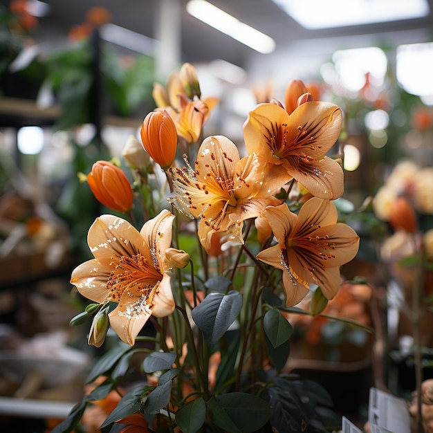 racimos de flores naranjas en una floristería generativa ai