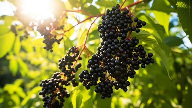 racimos de frutas de saúco negro en el jardín a la luz del sol sambucus nigra generativo ai