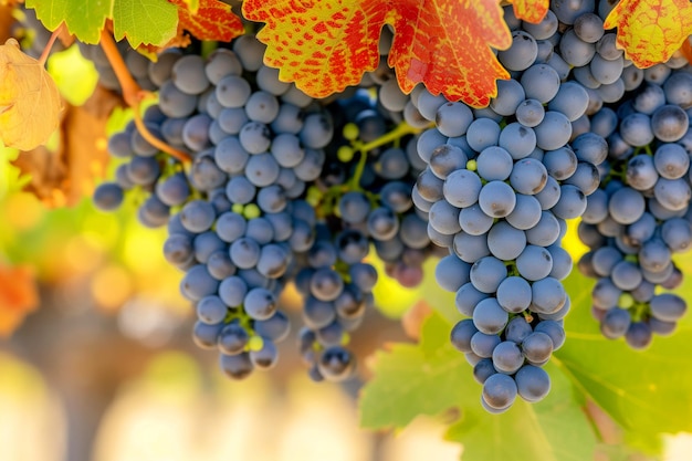 Los racimos de uvas azules en el viñedo en otoño