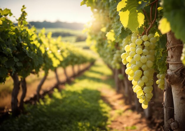 Los racimos de uvas blancas colgando en el viñedo