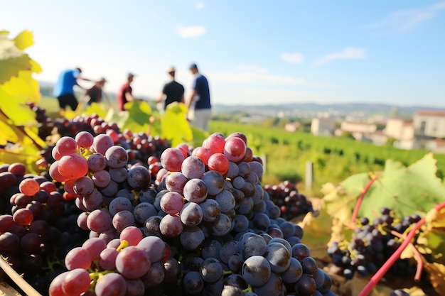 Racimos de uvas maduras y personas borrosas cosechando uvas de fondo Ilustración generativa de IA