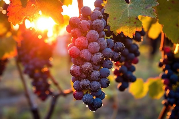 Racimos de uvas Pinot Noir colgando de ramas todavía húmedas con el rocío de la mañana