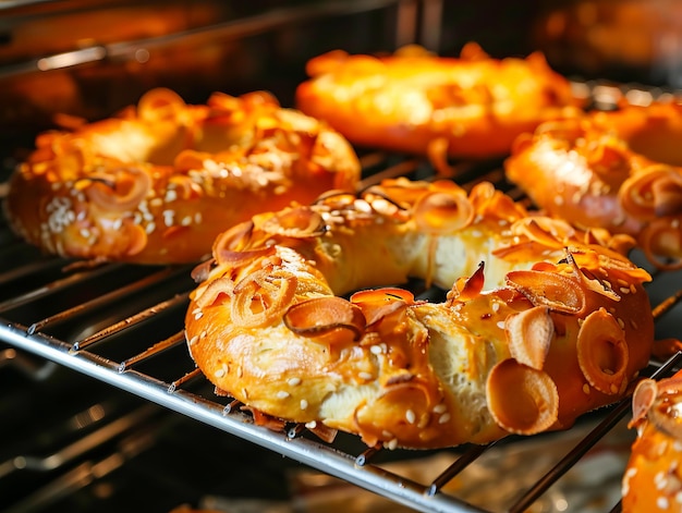 Un rack de bagels con almendras en ellos en un horno