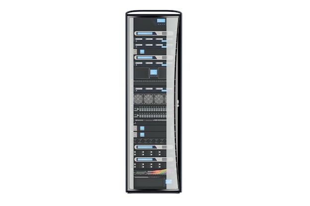 Rack de computadora con puerta abierta renderización 3D