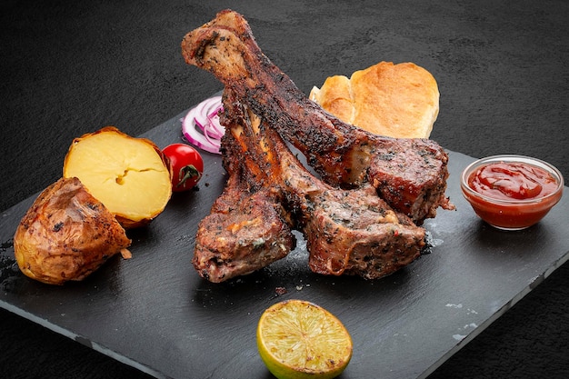 Rack de cordero a la parrilla con matnakash de papas al horno y salsa roja Servido en un plato de piedra