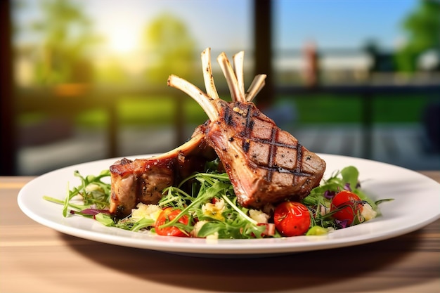 Rack de cordeiro para almoço na mesa de madeira com jardim vista da natureza de fundo