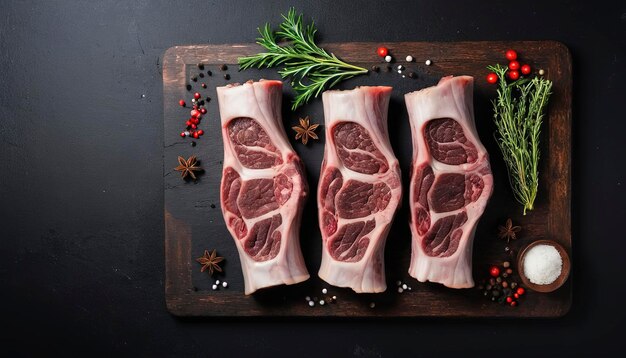 Rack de costelas de carneiro crua de cordeiro na mesa da cozinha com especiarias fundo preto