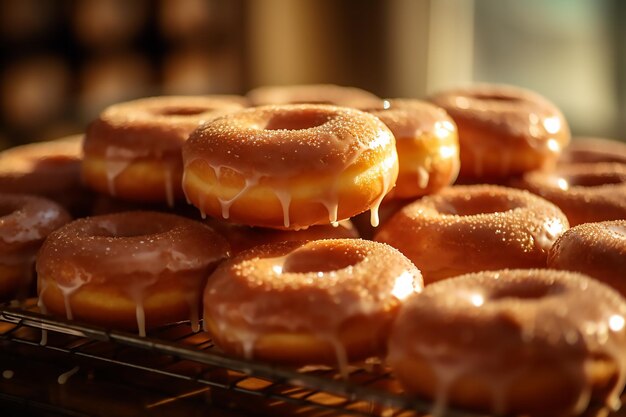 Rack de rosquinhas com cobertura escorrendo pelas laterais