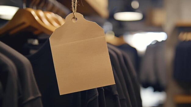 Foto rack de roupas com etiqueta de preço em branco um rack de roupas de madeira com uma etiqueta de preços em branco pendurado nele o rack está cheio de roupas pretas