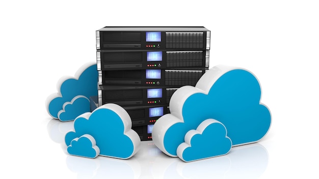 Rack de servidor e ícones de nuvem isolados no fundo branco