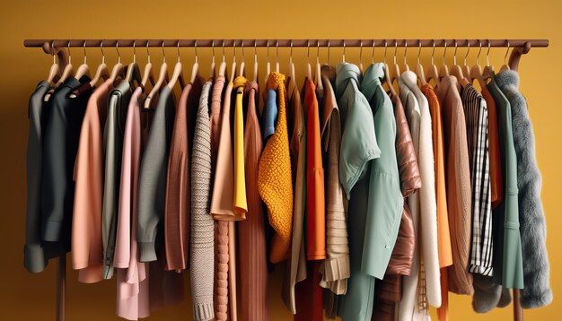 Rack de tecido vibrante de cor AI Generative Vintage gerado por AI com roupas em marketing de venda