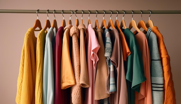 Rack de tecido vibrante de cor AI Generative Vintage gerado por AI com roupas em marketing de venda