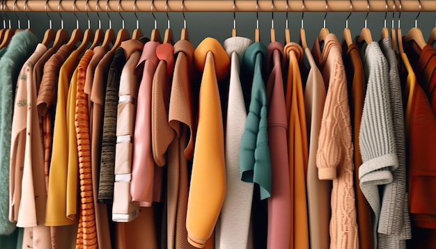Rack de tecido vibrante de cor AI Generative Vintage gerado por AI com roupas na loja de promoção de marketing de venda Arte gráfica