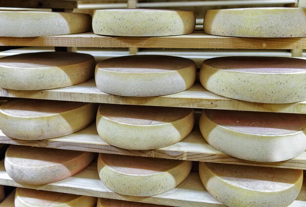 Rack mit alterndem Gruyere de Comte-Käse auf Holzregalen im Reifekeller der Molkerei Franche Comte in Frankreich