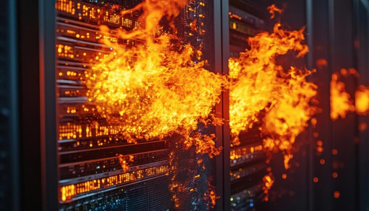 Foto el rack del servidor en llamas se quema en el fallo del hardware del centro de datos causando una gran pérdida de datos