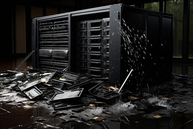 Rack de servidores con servidores dañados por un derrame accidental de líquido