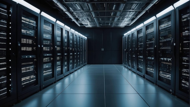 Racks del centro de datos en la sala de servidores con poca luz