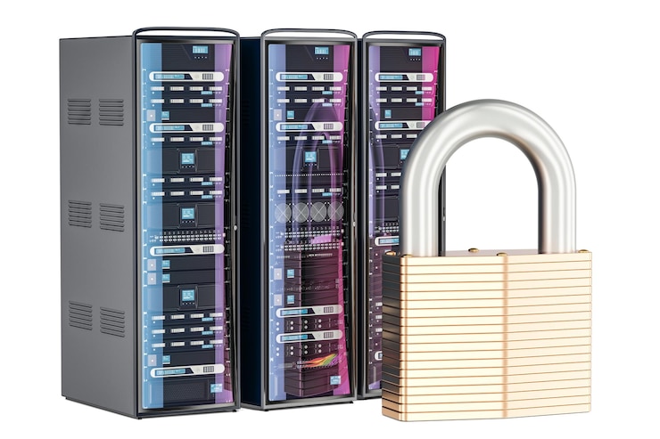 Foto racks de computadoras con candado concepto de seguridad y protección rendering 3d