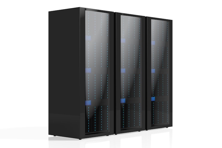 Foto racks de servidor de data center isolados no fundo branco