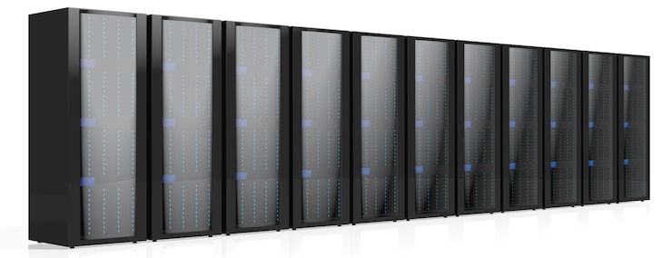 Foto racks de servidor de data center isolados no fundo branco