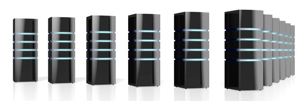 Racks de servidor de data center isolados no fundo branco