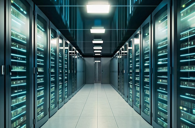 Racks de servidor no data center da sala do servidor Generative AI